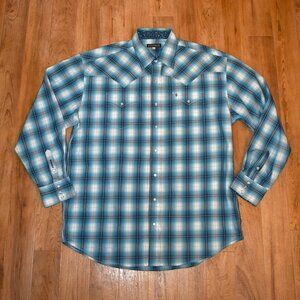 Stetson Blue Plaid‎ Snap Front Long Sleeve Shirt Sz 2XL